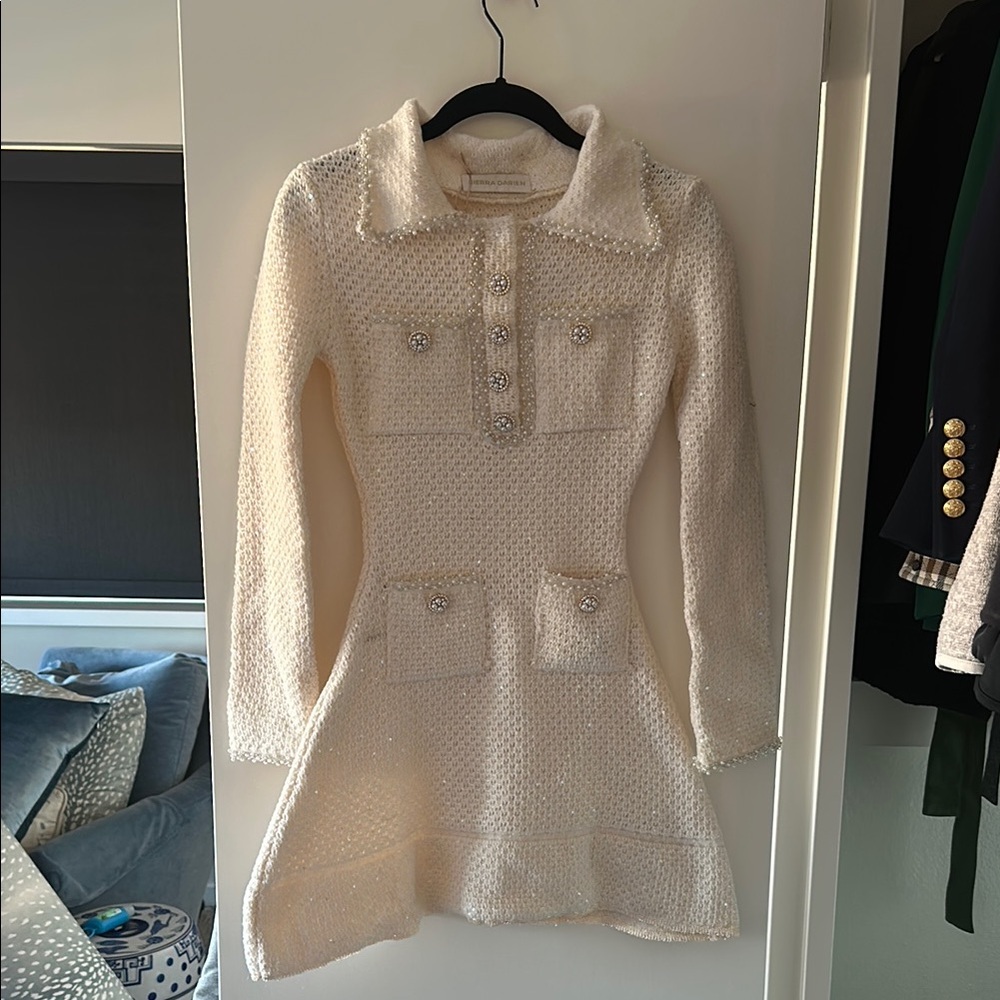 Ivory Knit Dress with Pearl Buttons and Trim